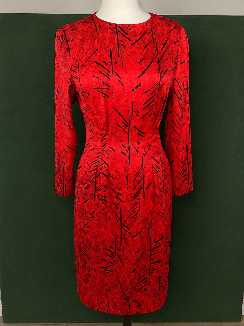 Red Patterned Long-Sleeve Sheath Dress